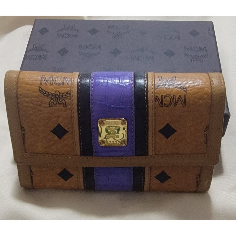 MCM Visetos Cognac Purple Croc Stripe Tri-Fold‎ Wallet GoldLogo Plaque authentic
